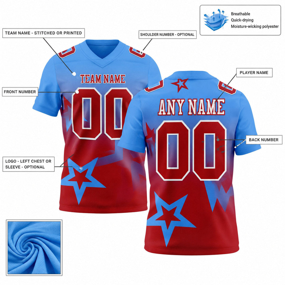 Custom Powder Blue Gradient Twinkle Star Authentic Football Jersey with Red and White Lettering customization guide
