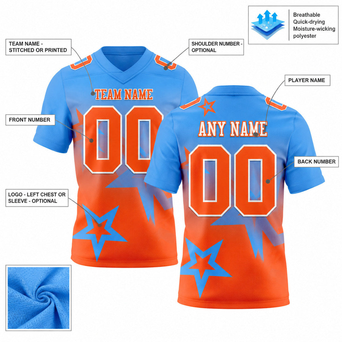 Custom Powder Blue Gradient Twinkle Star Authentic Football Jersey with Orange and White Lettering customization guide