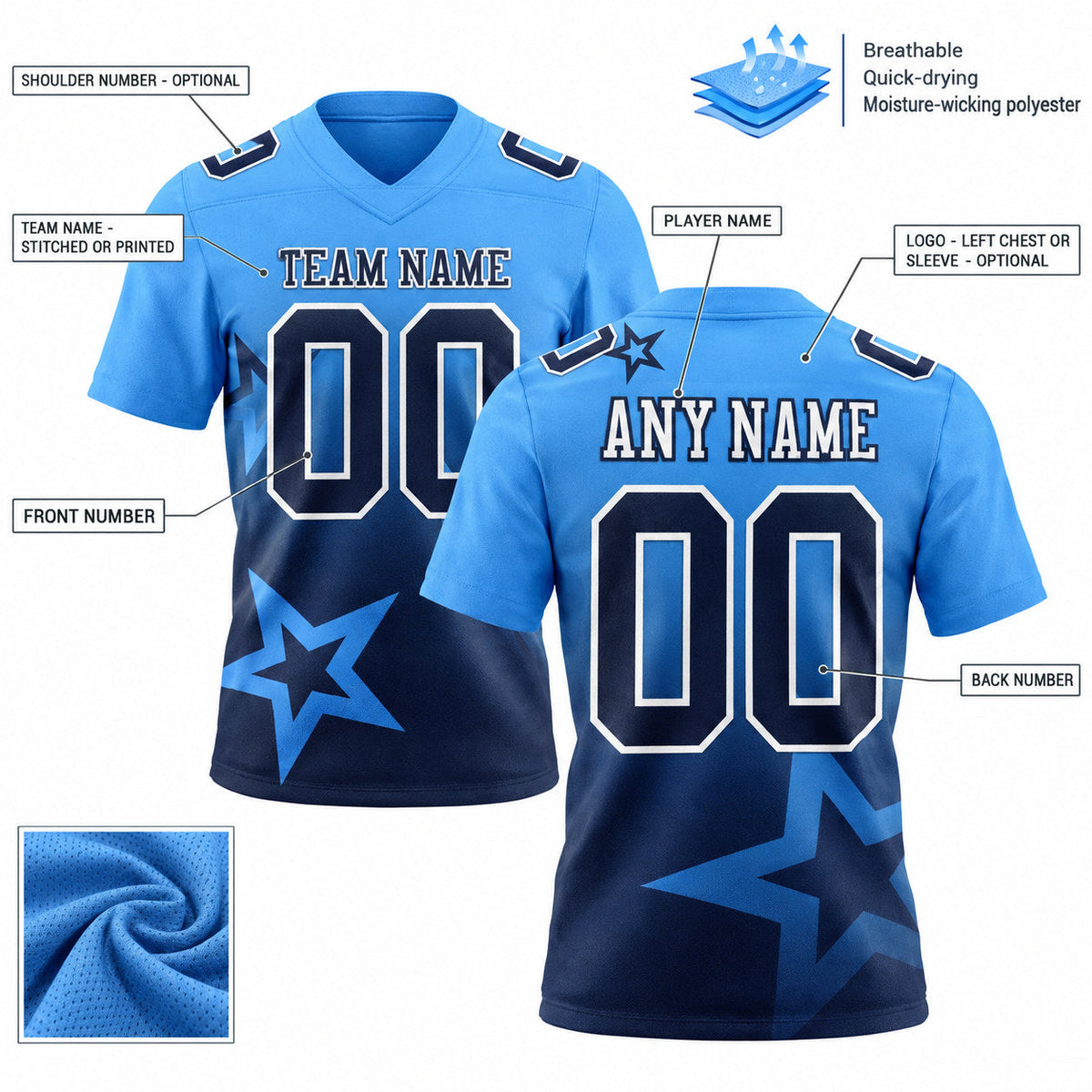 Custom Powder Blue Gradient Twinkle Star Authentic Football Jersey with Navy and White Lettering customization guide