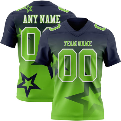 Custom Navy Gradient Twinkle Star Authentic Football Jersey with Neon Green and White Lettering