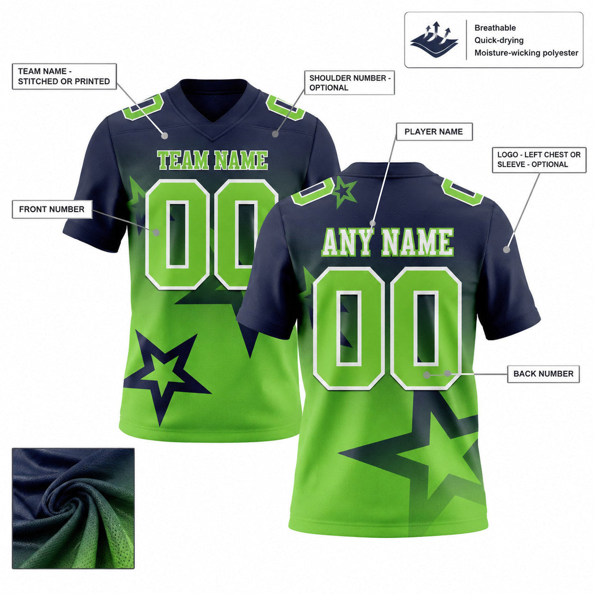 Custom Navy Gradient Twinkle Star Authentic Football Jersey with Neon Green and White Lettering customization guide