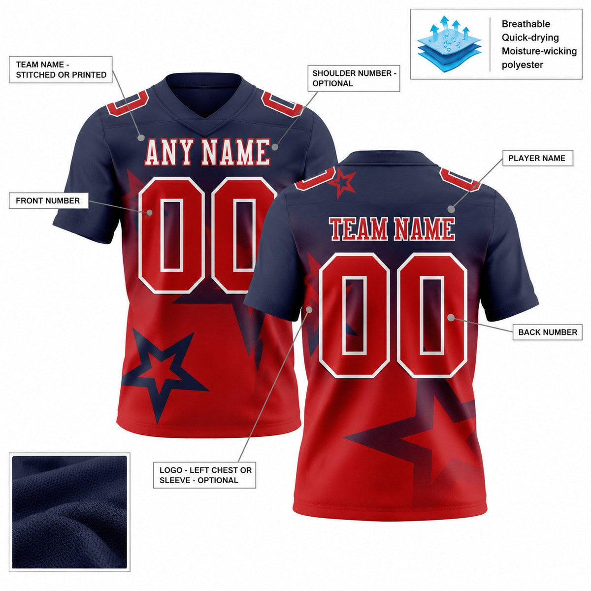 Custom Navy Gradient Twinkle Star Authentic Football Jersey with Red and White Lettering customization guide