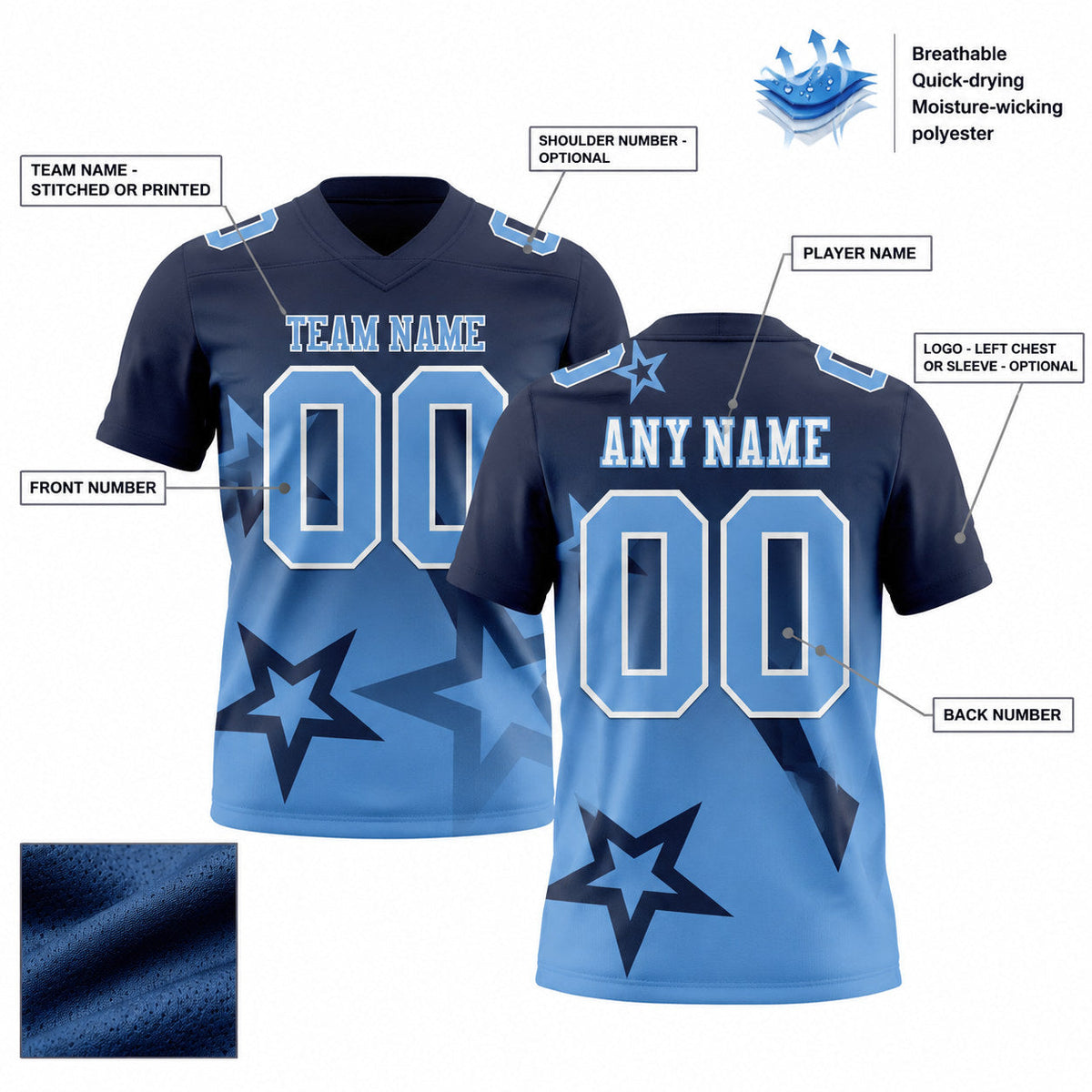 Custom Navy Gradient Twinkle Star Authentic Football Jersey with Light Blue and White Lettering customization guide