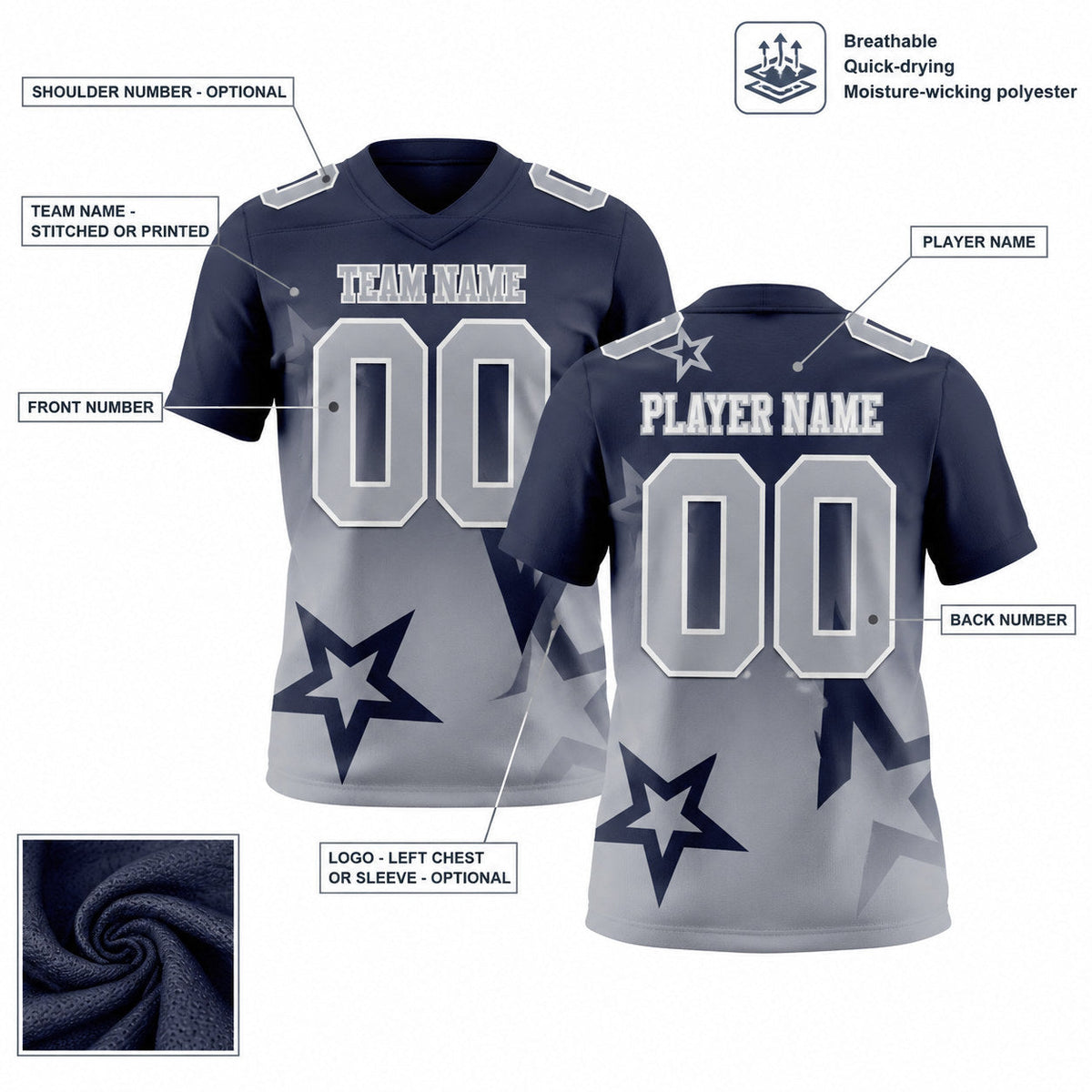Custom Navy Gradient Twinkle Star Authentic Football Jersey with Gray and White Lettering customization guide