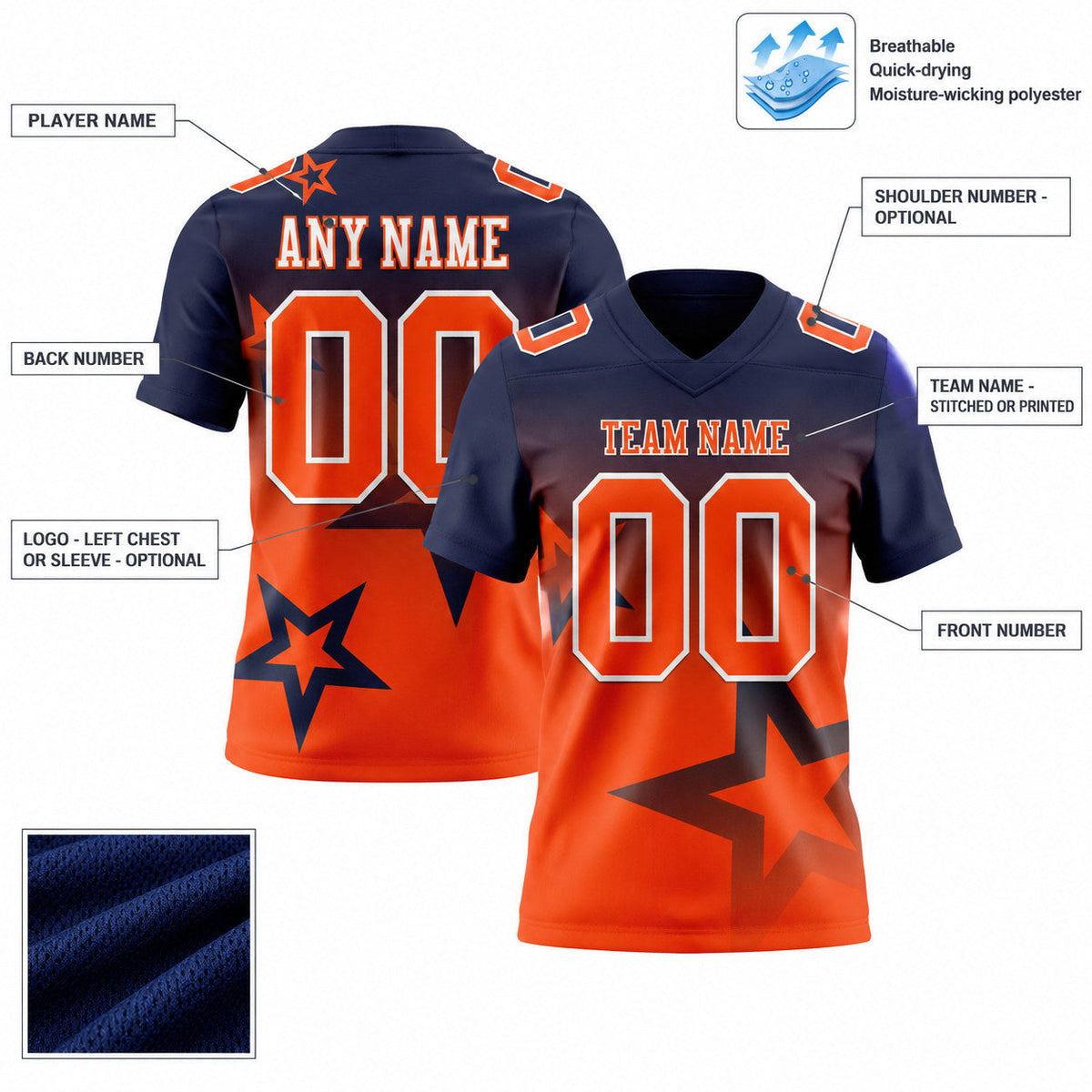 Custom Navy Gradient Twinkle Star Authentic Football Jersey with Orange and White Lettering customization guide