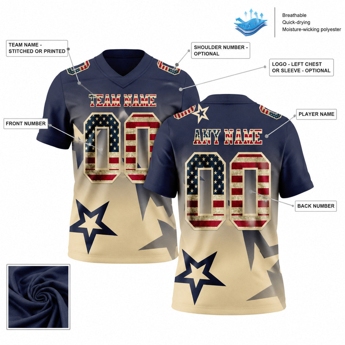 Custom Navy Vintage USA Flag Gradient Twinkle Authentic Football Jersey with Cream Lettering customization guide