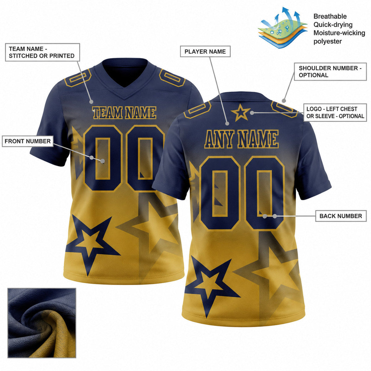 Custom Navy and Old Gold Gradient Twinkle Star Authentic Football Jersey customization guide