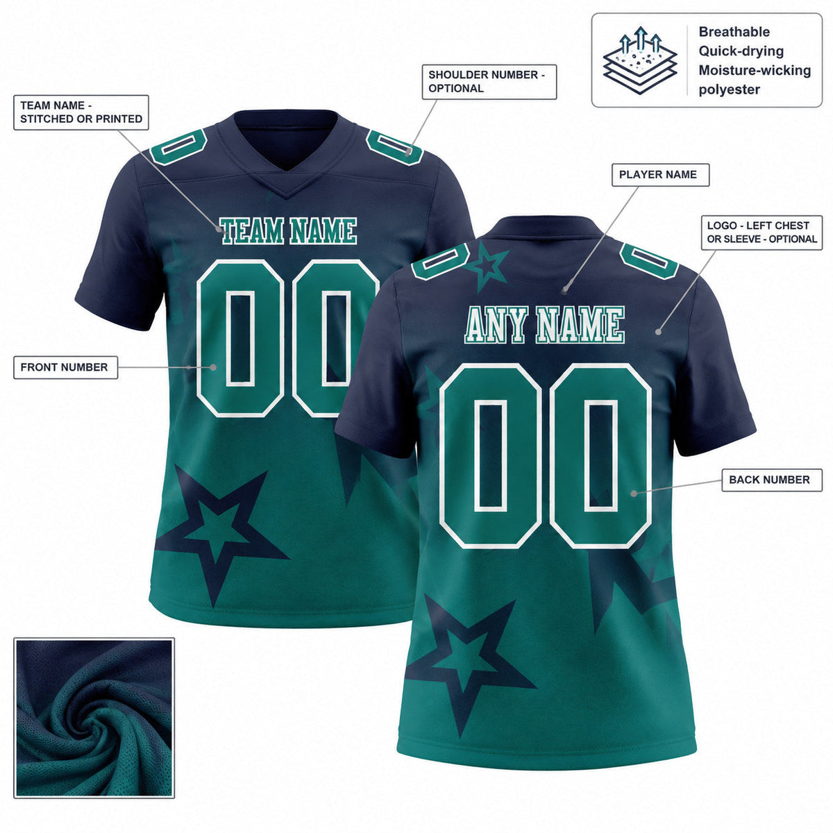 Custom Navy Gradient Twinkle Star Authentic Football Jersey with Teal and White Lettering customization guide