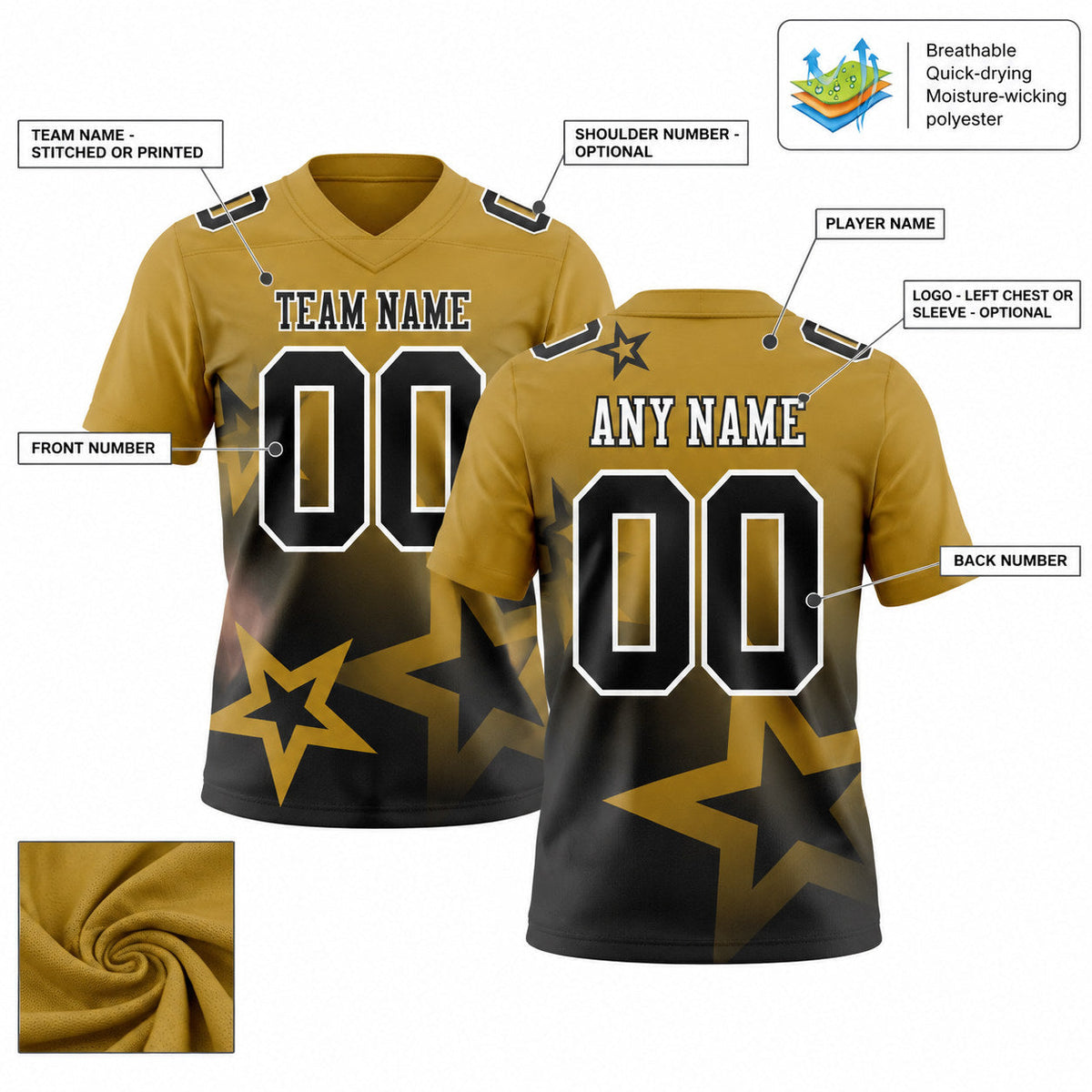 Custom Old Gold Gradient Twinkle Star Authentic Football Jersey with Black and White Lettering customization guide