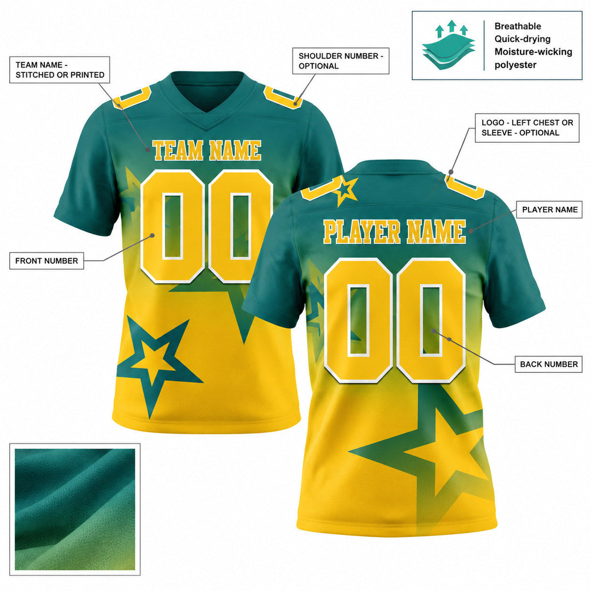 Custom Teal Gradient Twinkle Star Authentic Football Jersey with Yellow and White Lettering customization guide