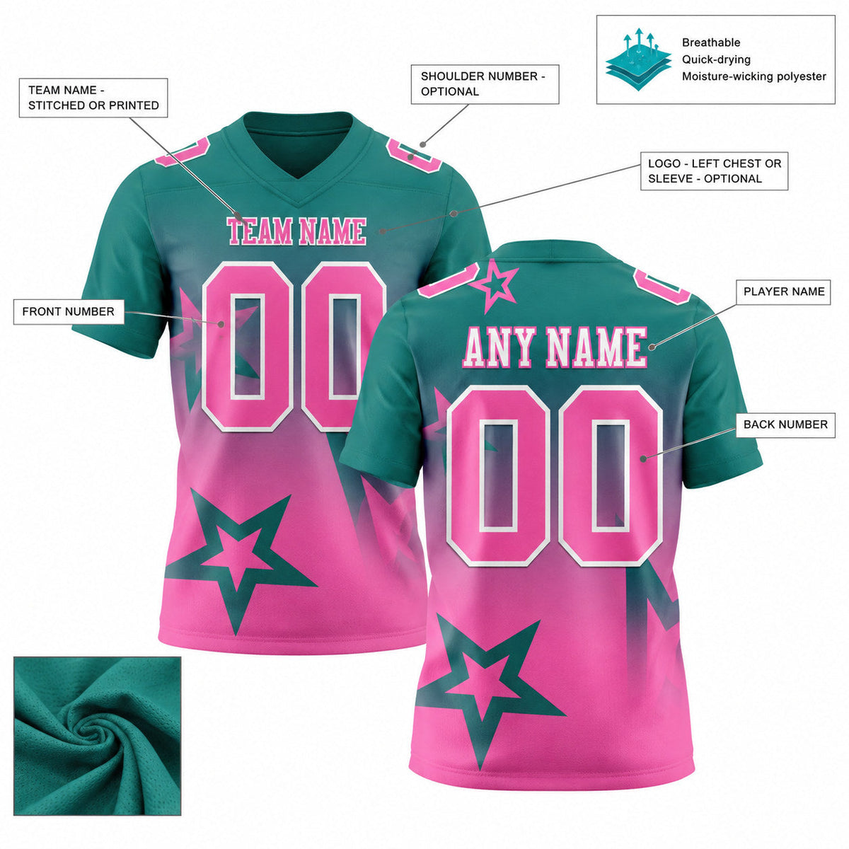 Custom Teal Gradient Twinkle Star Authentic Football Jersey with Pink and White Lettering customization guide