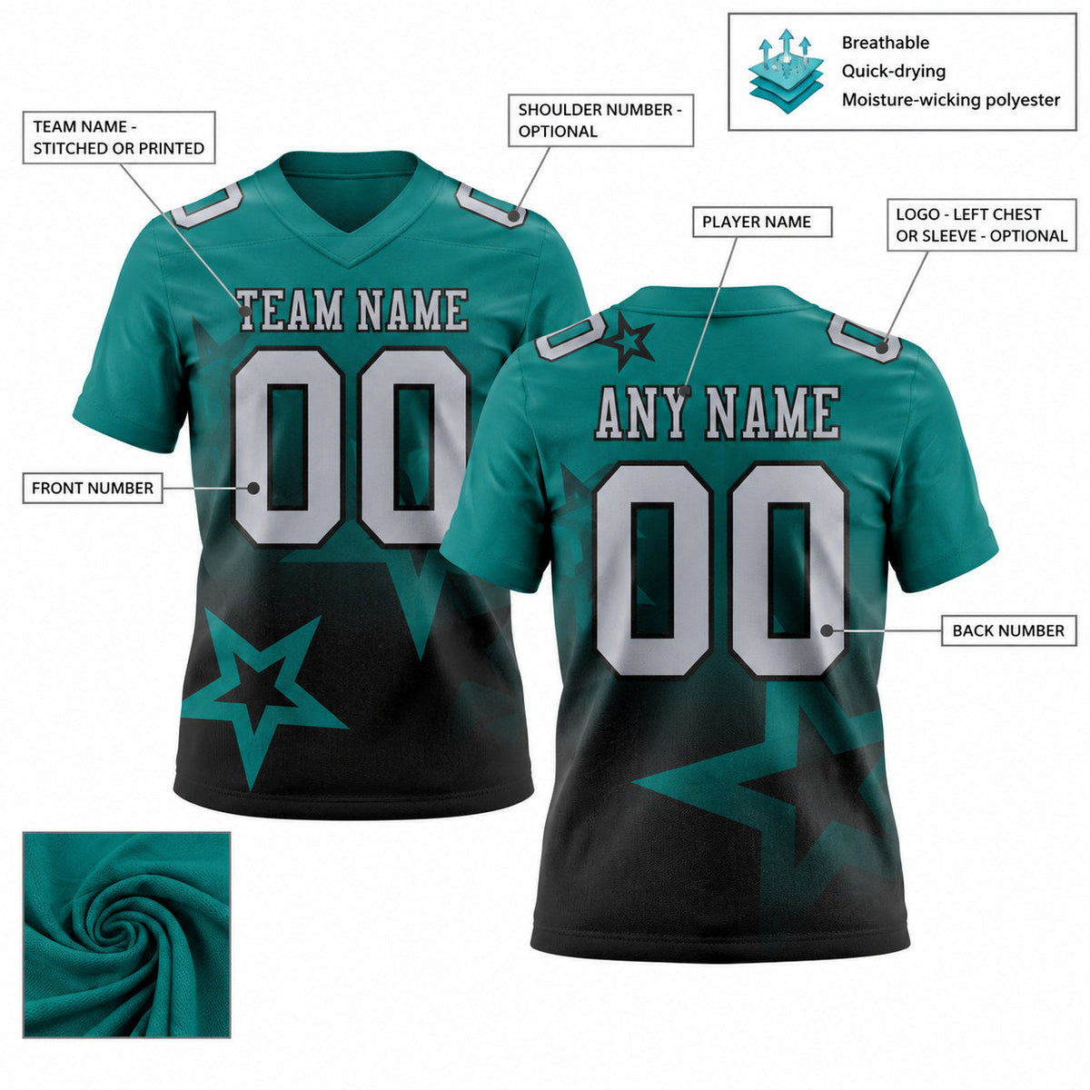 Custom Teal Gradient Twinkle Star Authentic Football Jersey with Gray and Black Lettering customization guide
