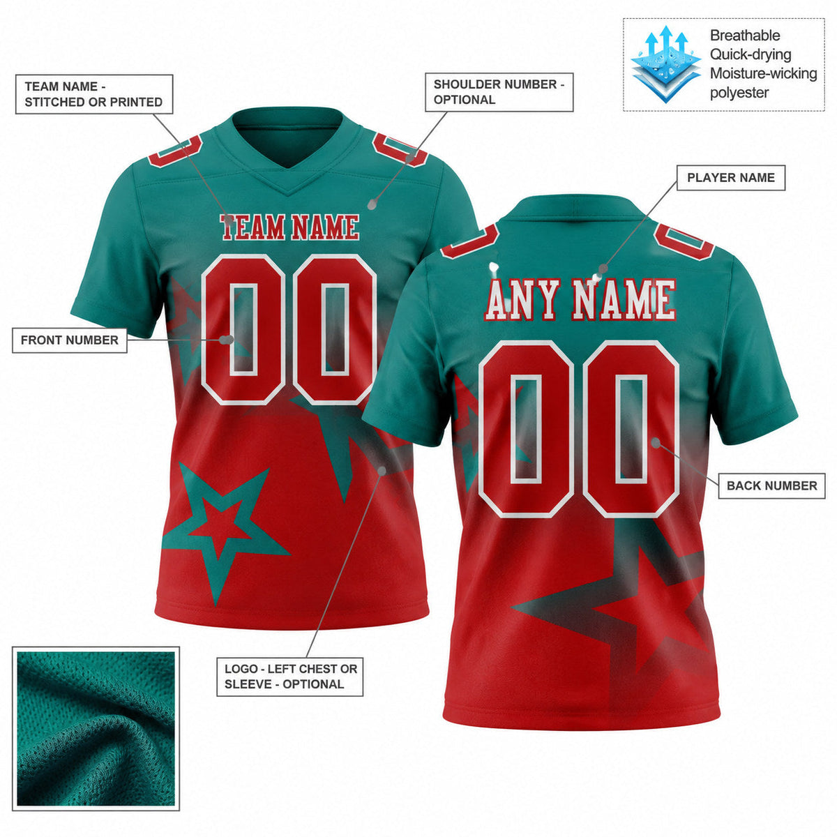 Custom Teal Gradient Twinkle Star Authentic Football Jersey with Red and White Lettering customization guide