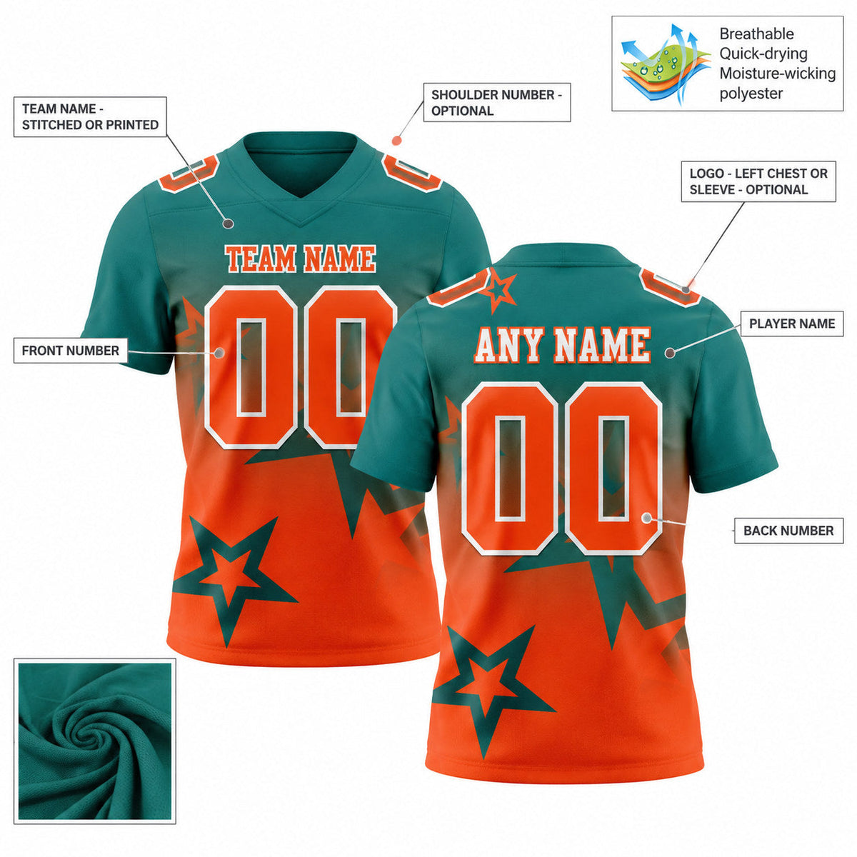 Custom Teal Gradient Twinkle Star Authentic Football Jersey with Orange and White Lettering customization guide