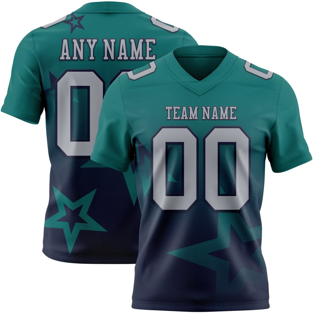 Custom Teal Gray-Navy Authentic Gradient Style Twinkle Star Football Jersey