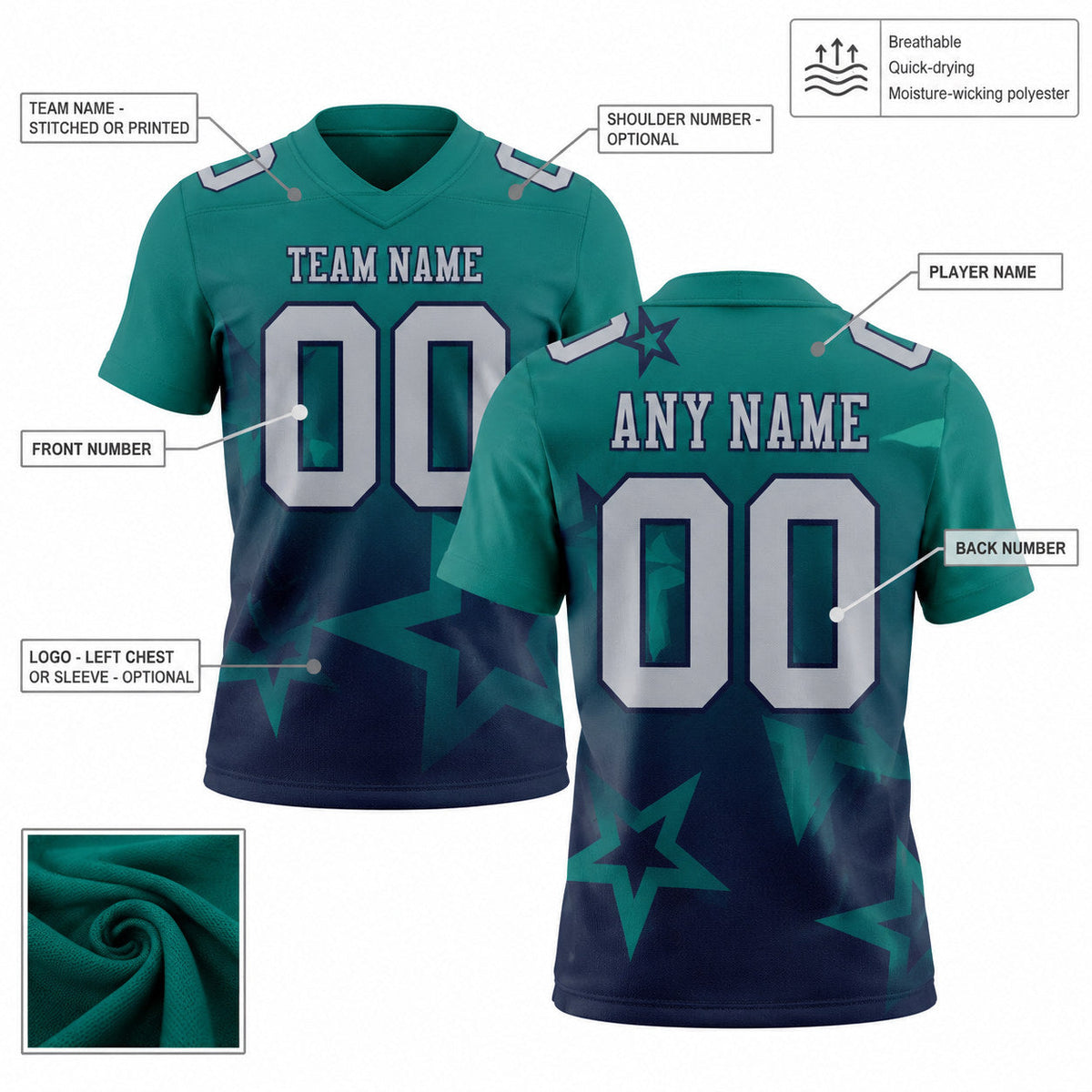 Custom Teal Gradient Twinkle Star Authentic Football Jersey with Gray and Navy Lettering customization guide