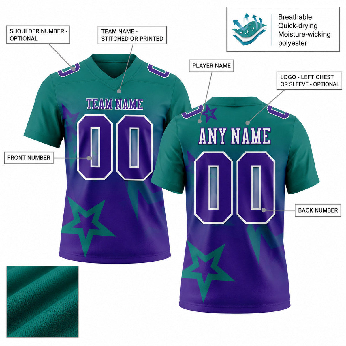 Custom Teal Gradient Twinkle Star Authentic Football Jersey with Purple and White Lettering customization guide