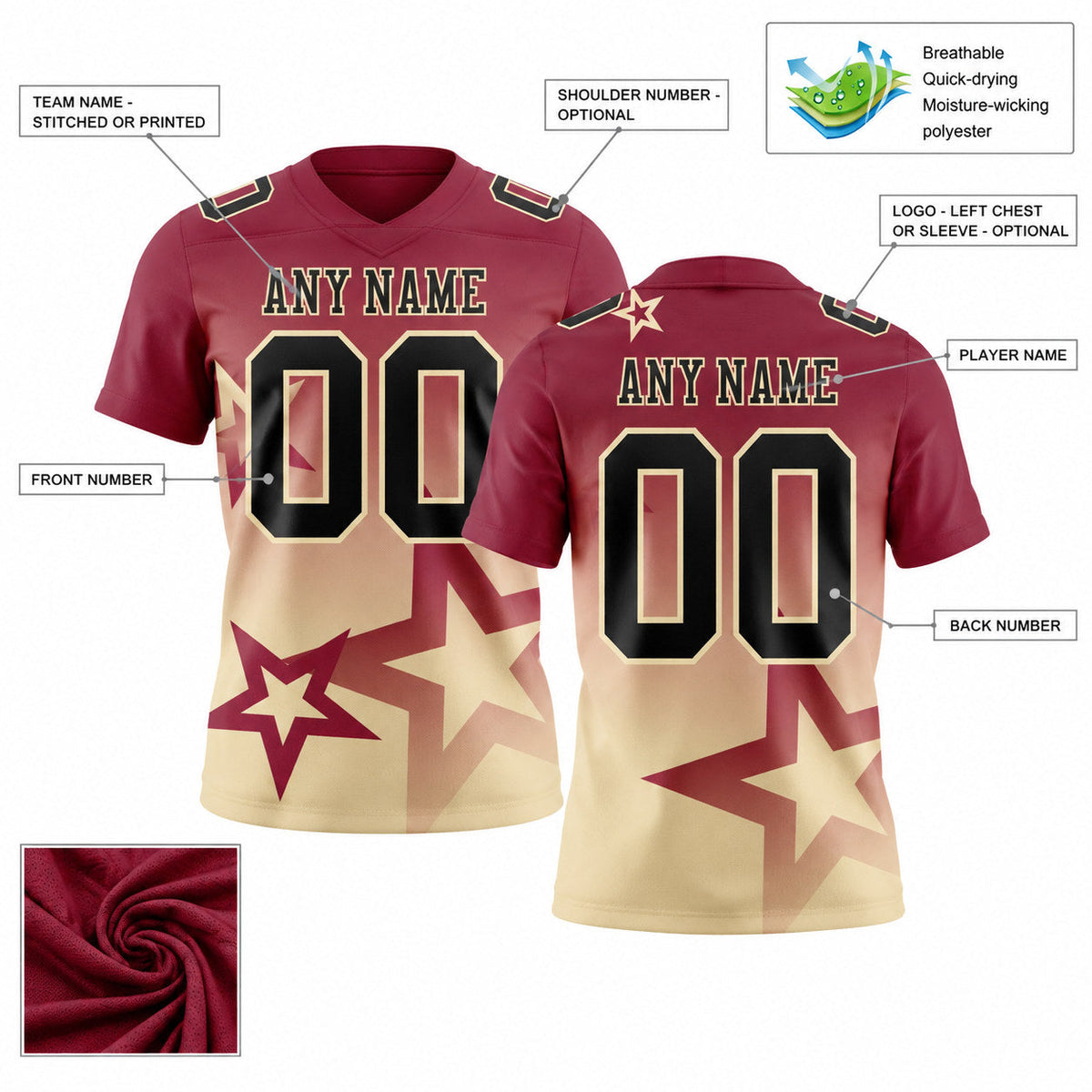 Custom Crimson Gradient Twinkle Star Authentic Football Jersey with Black and Cream Lettering customization guide