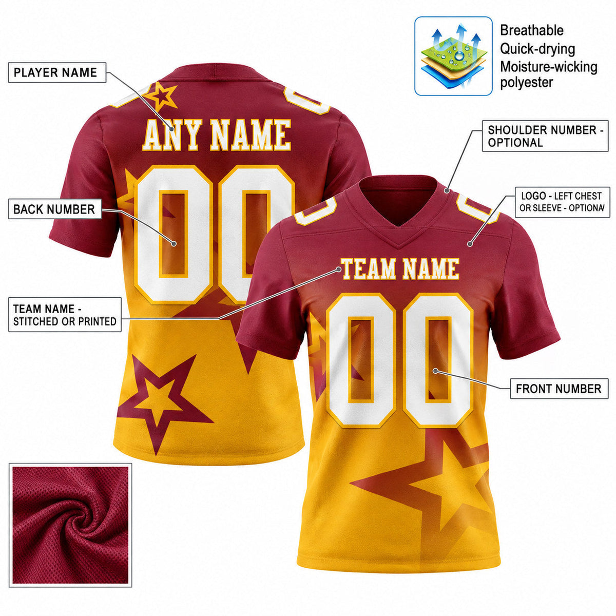Custom Crimson Gradient Twinkle Star Authentic Football Jersey with White and Gold Lettering customization guide