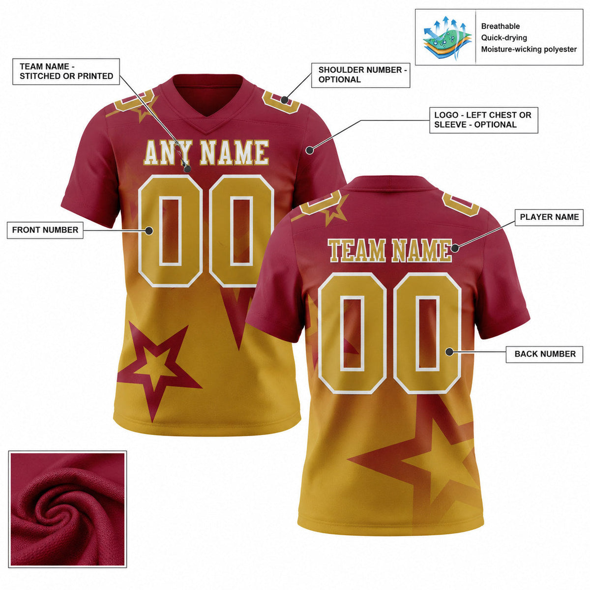 Custom Crimson Gradient Twinkle Star Authentic Football Jersey with Old Gold and White Lettering customization guide