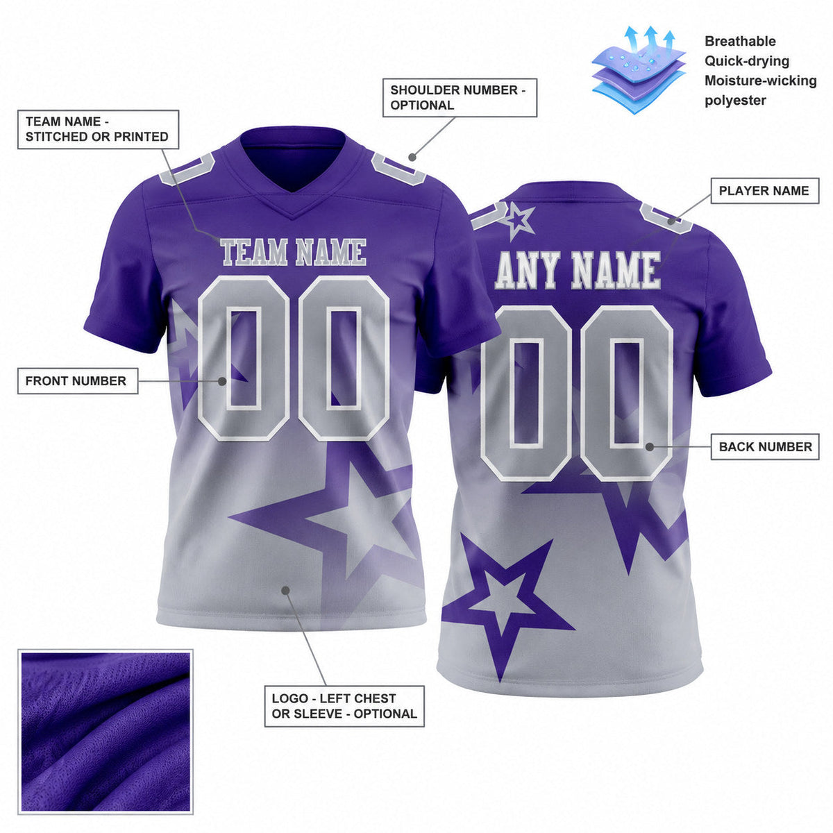 Custom Purple Gradient Twinkle Star Authentic Football Jersey with Gray and White Lettering customization guide
