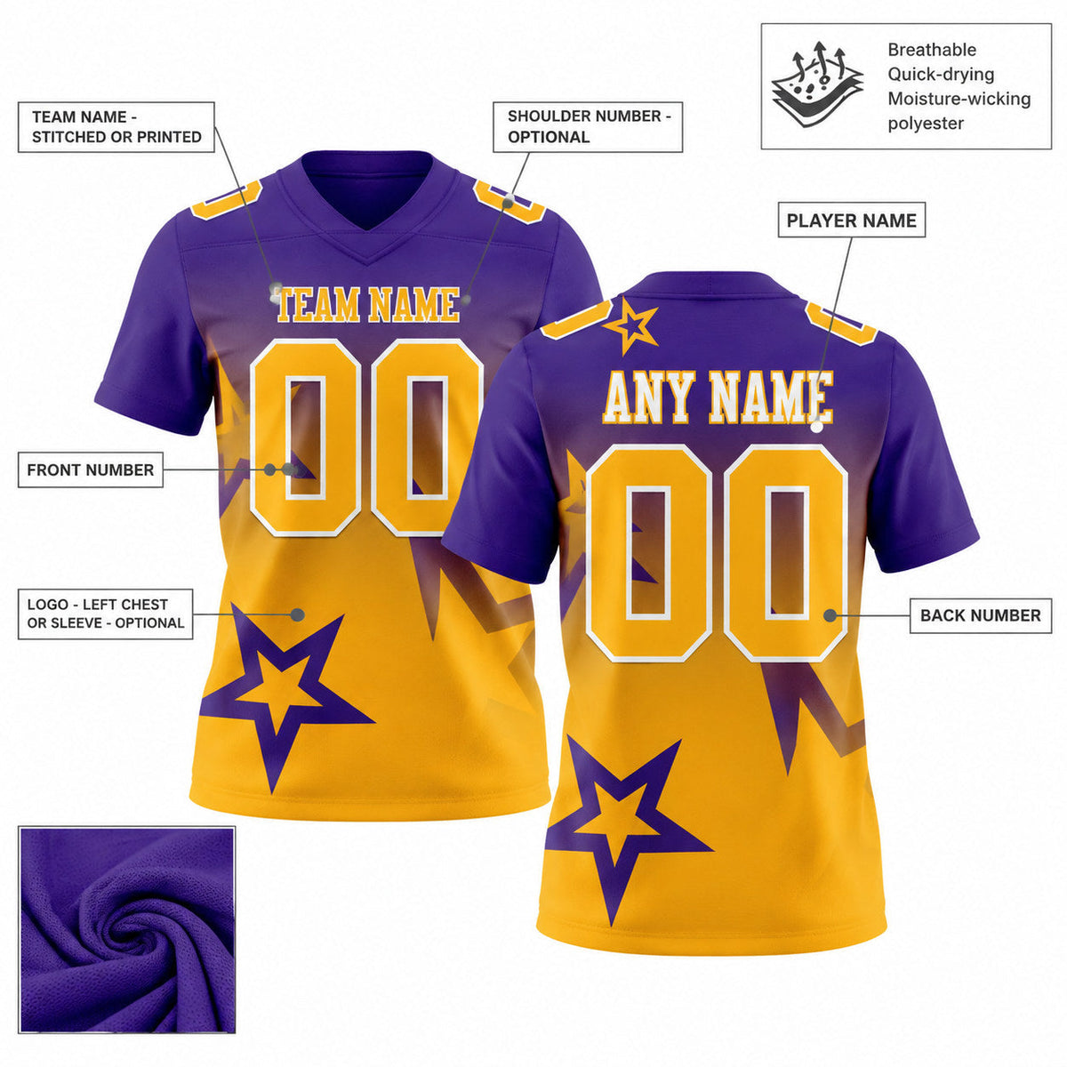 Custom Purple Gradient Twinkle Star Authentic Football Jersey with Gold and White Lettering customization guide