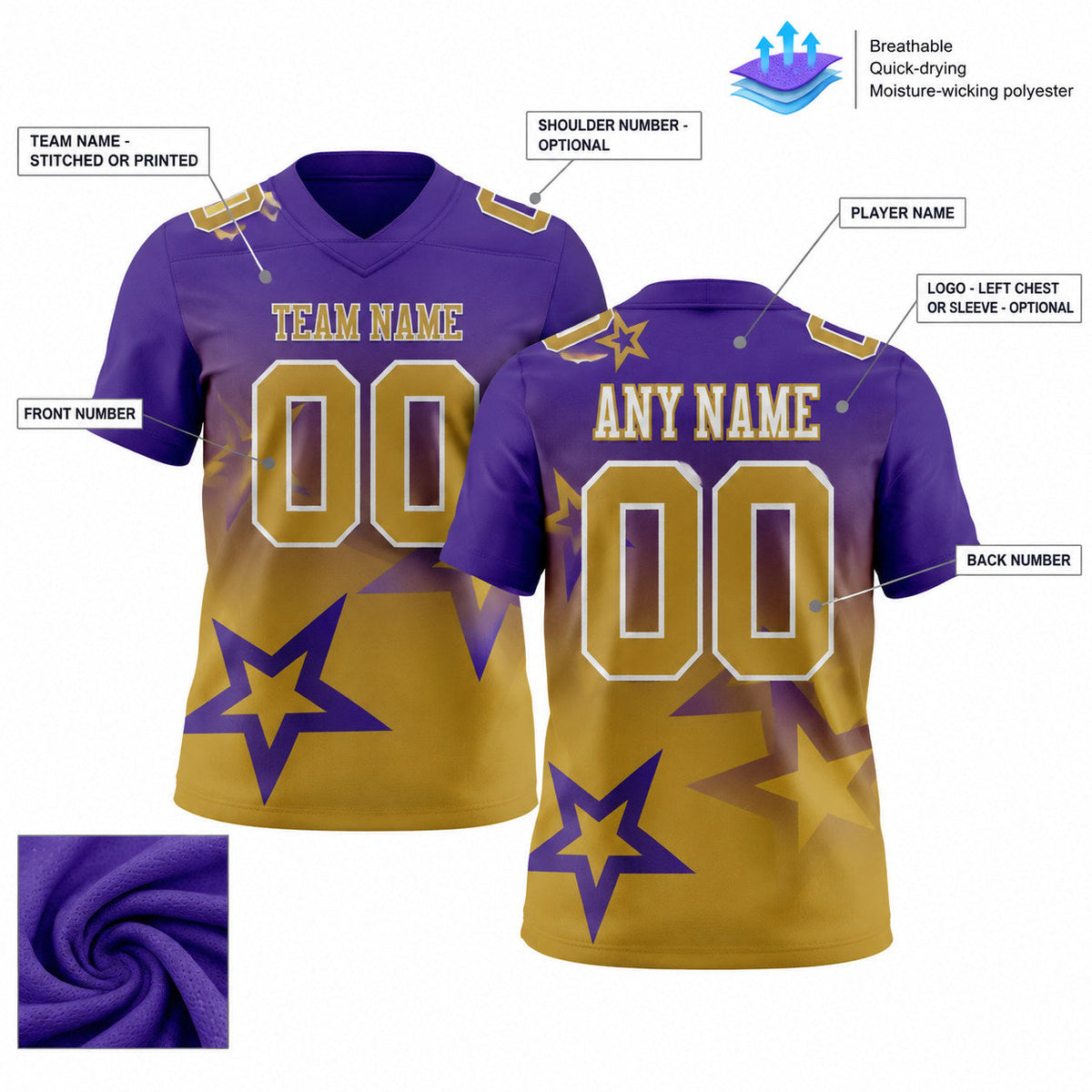 Custom Purple Gradient Twinkle Star Authentic Football Jersey with Old Gold and White Lettering customization guide