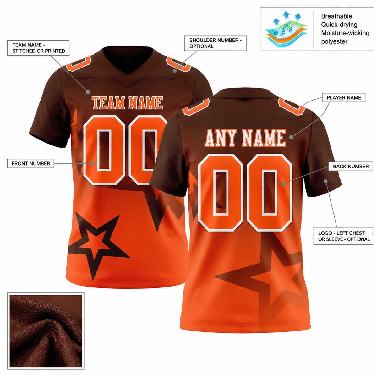 Custom Brown Gradient Twinkle Star Authentic Football Jersey with Orange and White Lettering customization guide