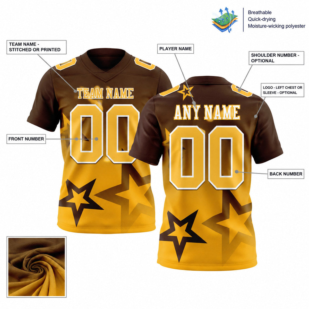 Custom Brown Gradient Twinkle Star Authentic Football Jersey with Gold and White Lettering customization guide
