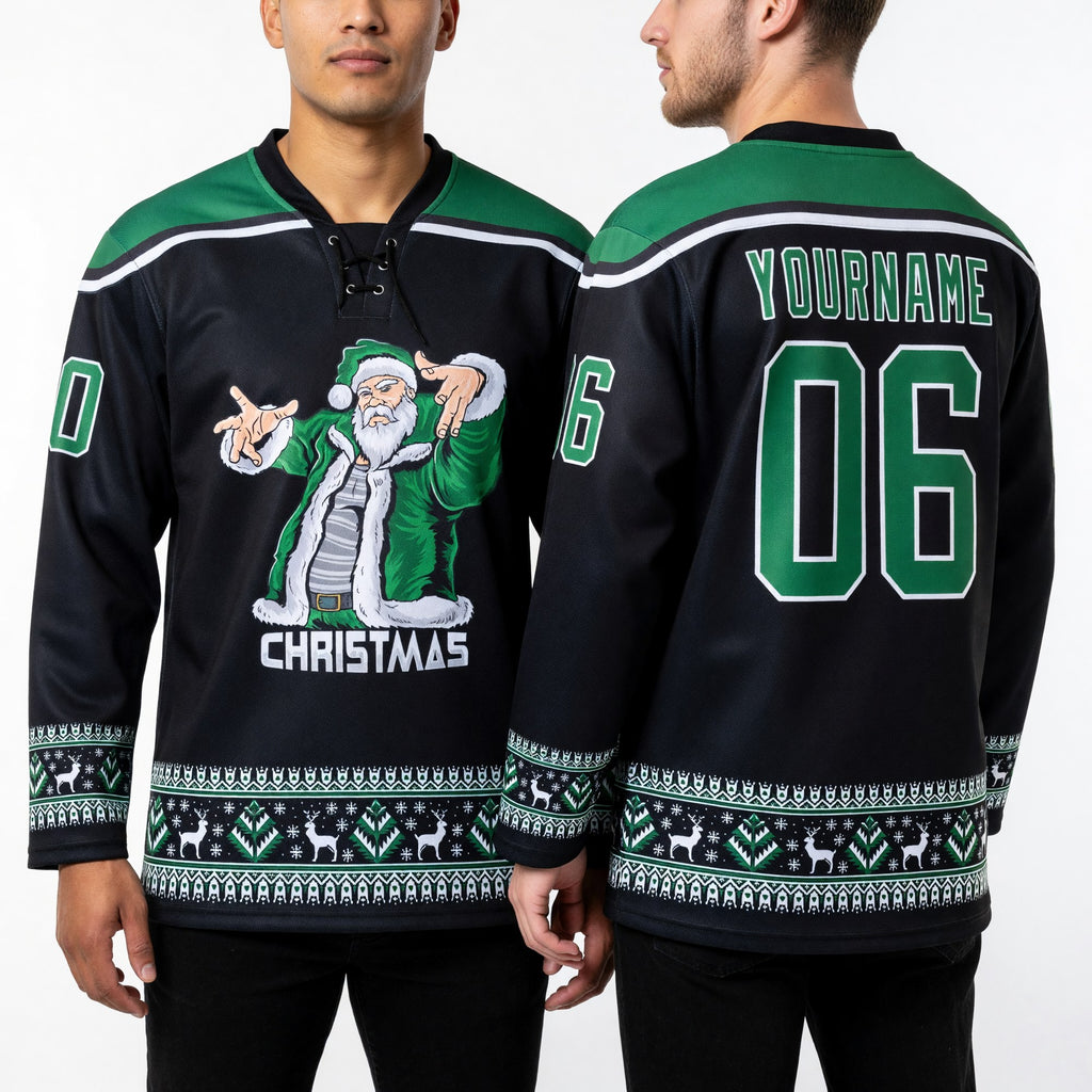 Custom Black Grass Green-White Christmas Santa Claus 3D Hockey Lace Neck Jersey worn front and back