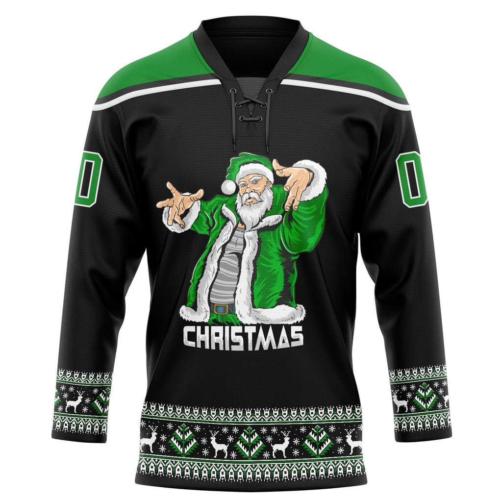 Custom Black Grass Green-White Christmas Santa Claus 3D Hockey Lace Neck Jersey photo 2