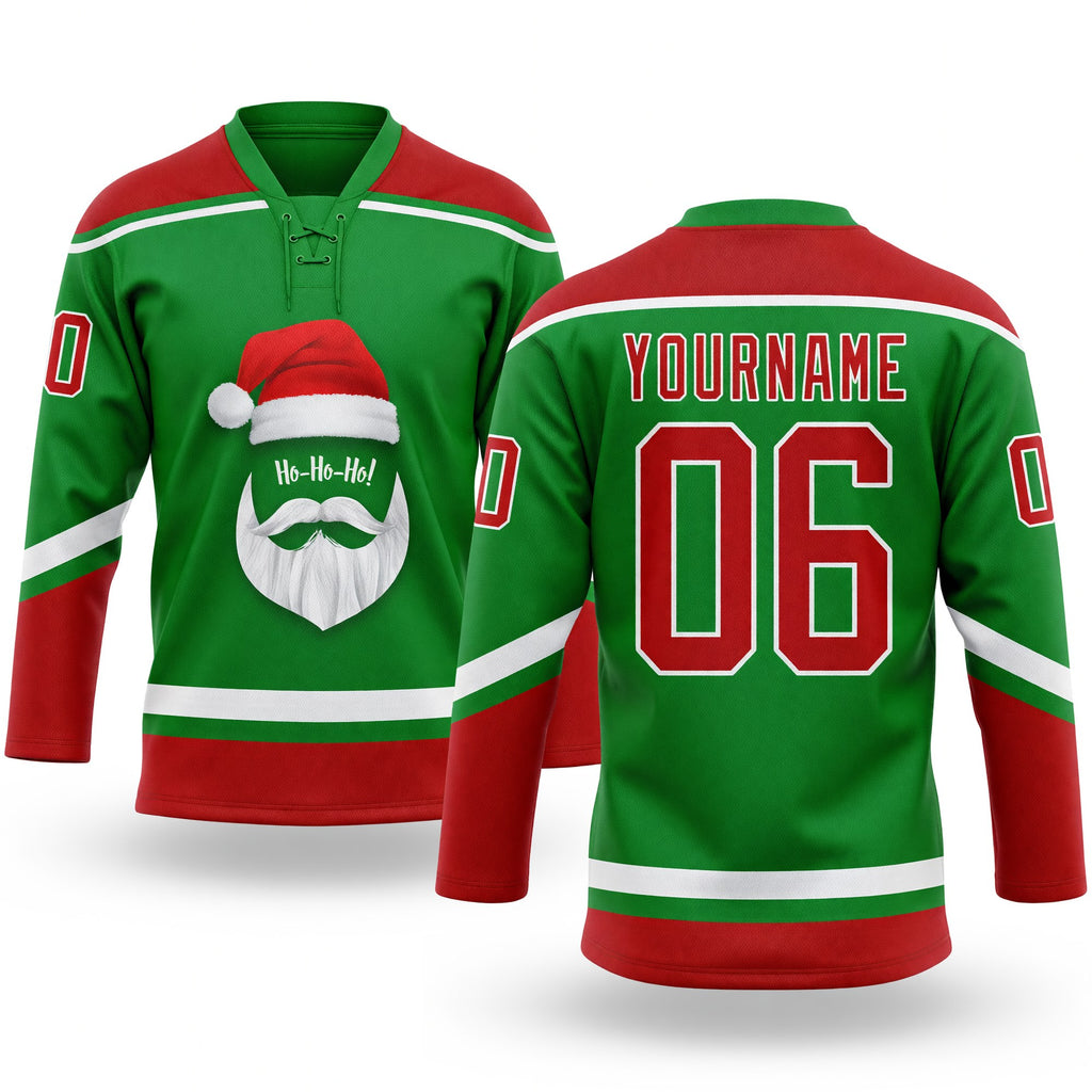 Custom Grass Green Red-White Christmas Santa Claus 3D Hockey Lace Neck Jersey