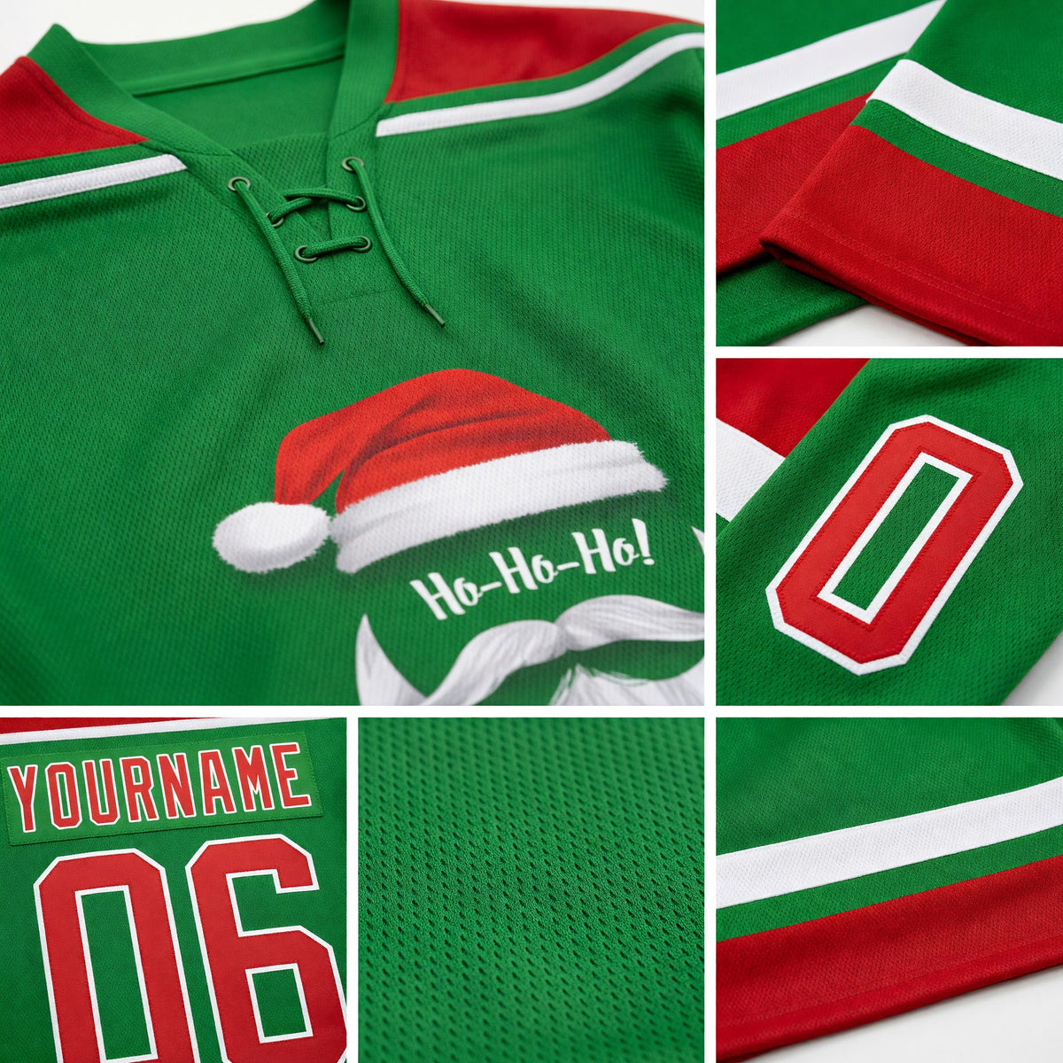 Custom Grass Green Red-White Christmas Santa Claus 3D Hockey Lace Neck Jersey detail