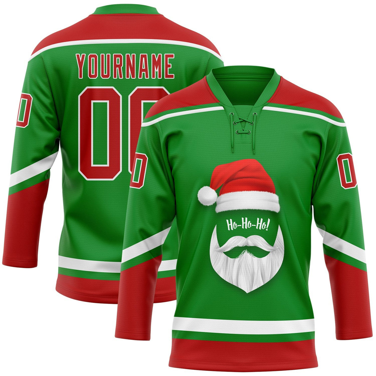 Custom Grass Green Red-White Christmas Santa Claus 3D Hockey Lace Neck Jersey photo 1