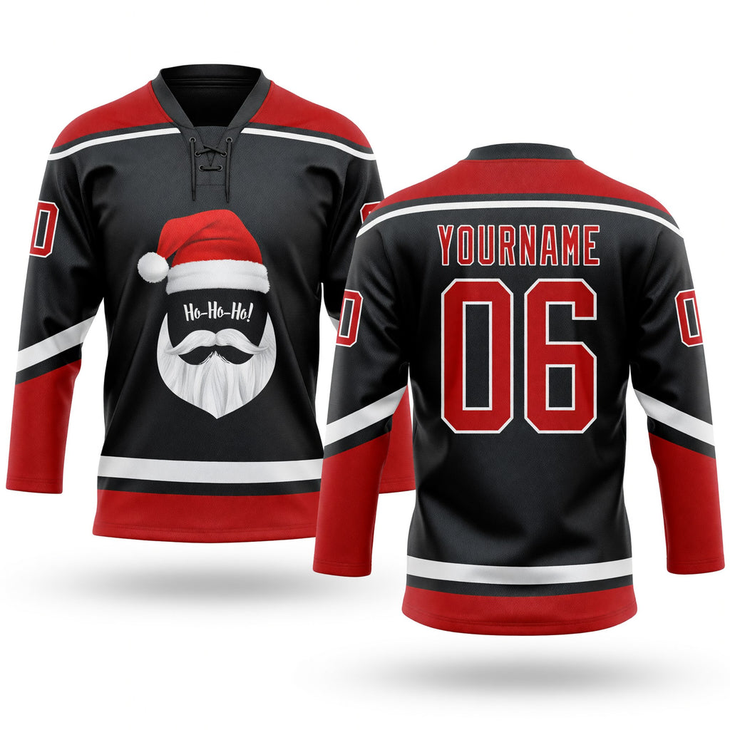 Custom Black Red-White Christmas Santa Claus 3D Hockey Lace Neck Jersey