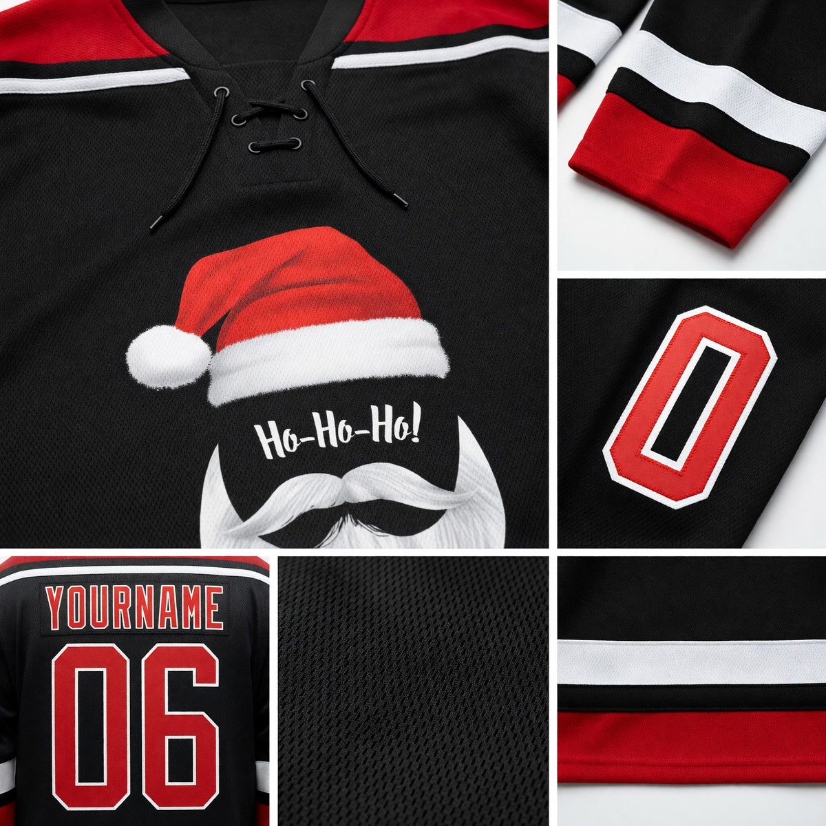 Custom Black Red-White Christmas Santa Claus 3D Hockey Lace Neck Jersey detail
