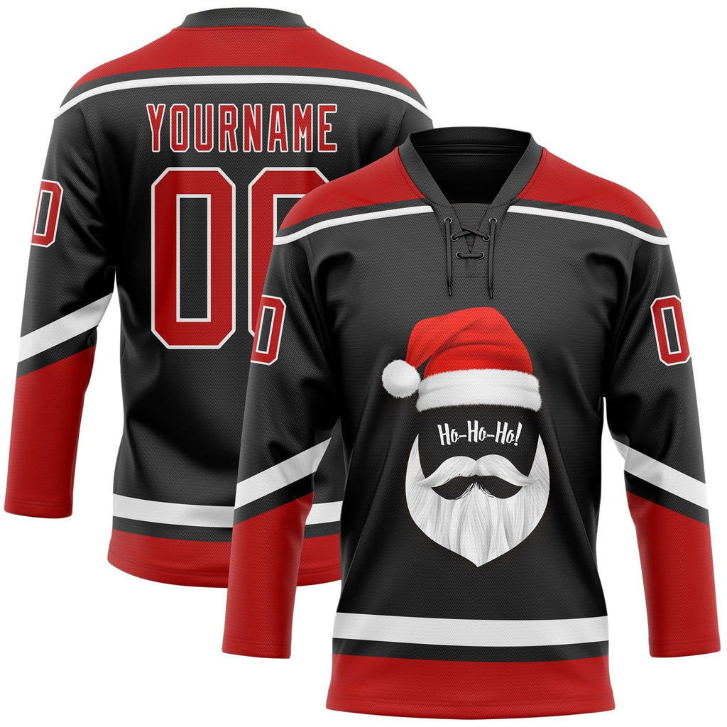 Custom Black Red-White Christmas Santa Claus 3D Hockey Lace Neck Jersey photo 1