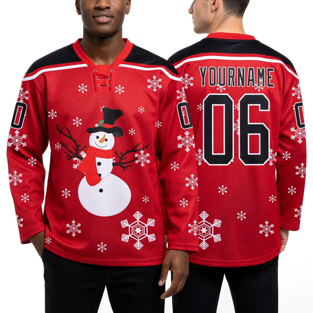 Custom Red Black-White Christmas Snowman 3D Hockey Lace Neck Jersey worn front and back