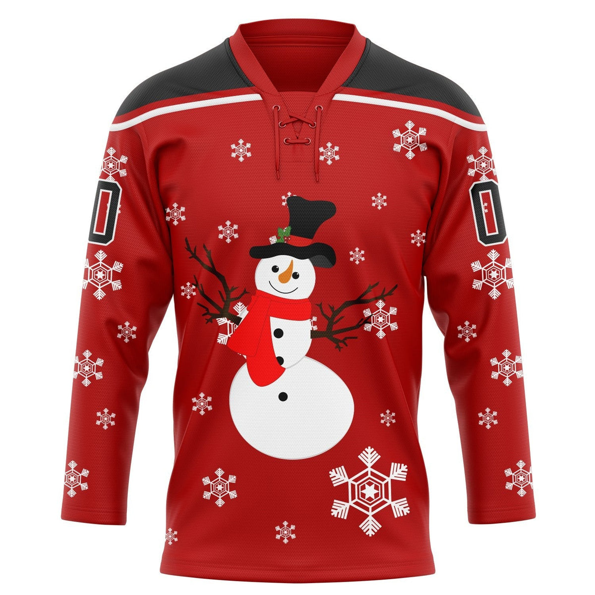 Custom Red Black-White Christmas Snowman 3D Hockey Lace Neck Jersey photo 2