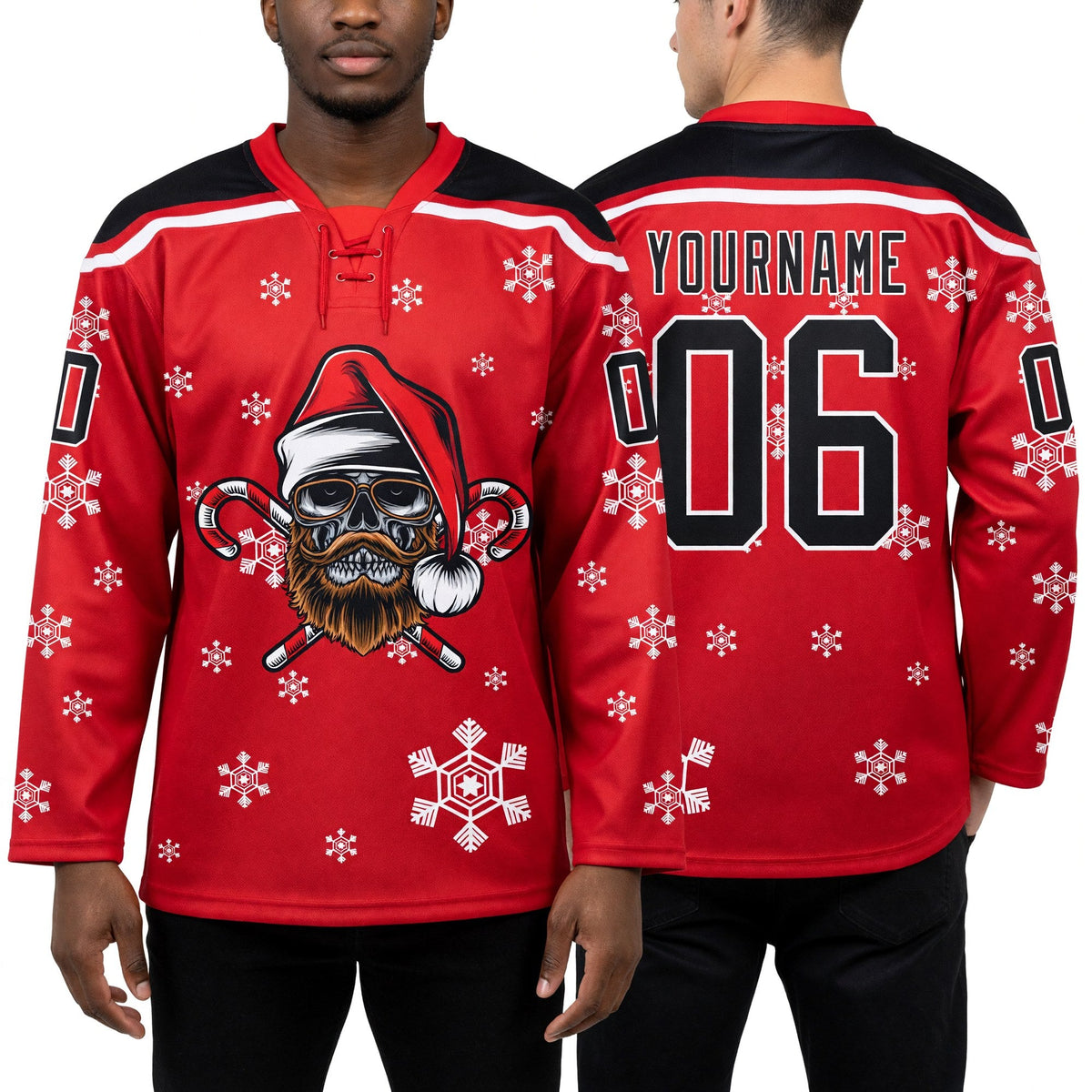 Custom Red Black-White Christmas Dog Wearing Santa Claus Costume 3D Hockey Lace Neck Jersey worn front and back