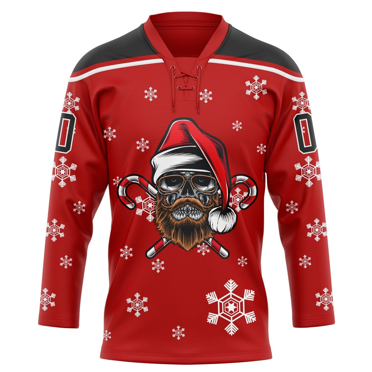 Custom Red Black-White Christmas Dog Wearing Santa Claus Costume 3D Hockey Lace Neck Jersey photo 2