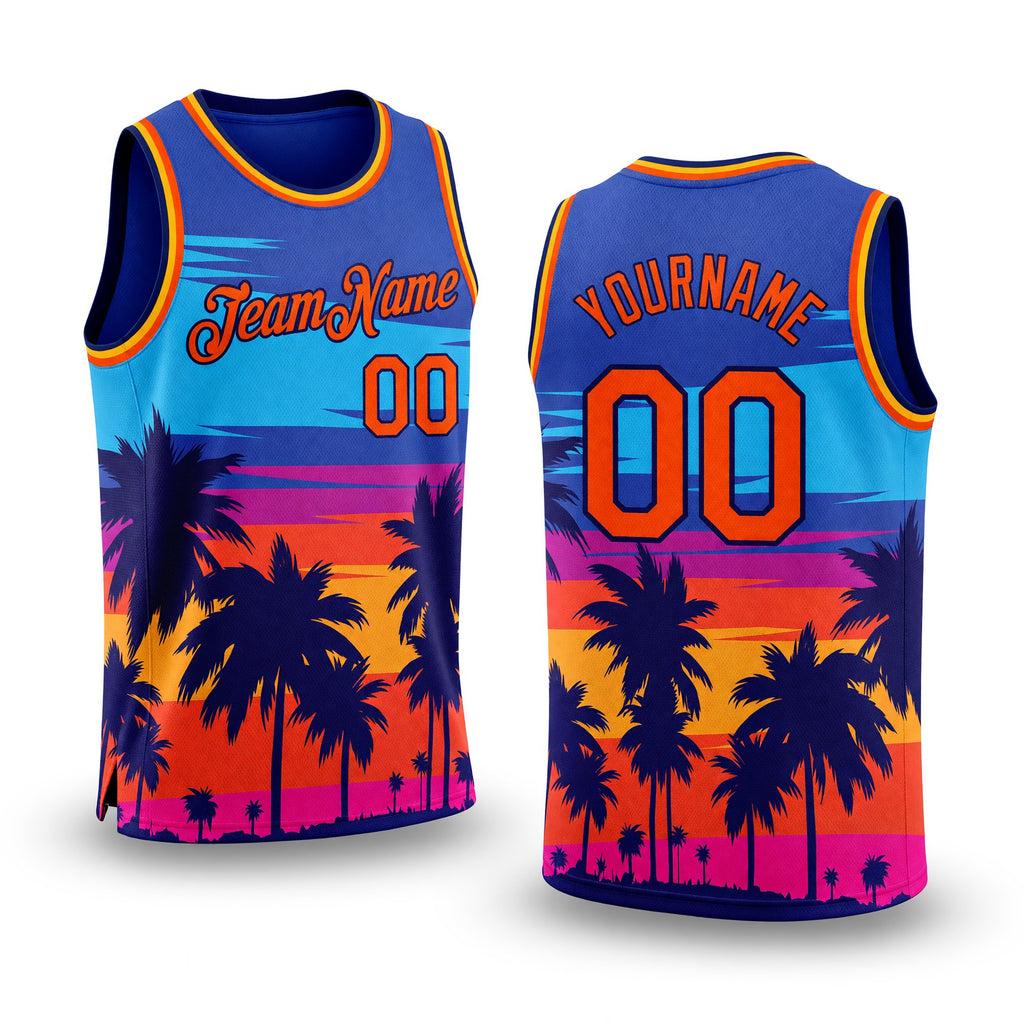 Custom Royal Orange-Navy 3D Pattern Tropical Hawaii Palm Trees Authentic Basketball Jersey