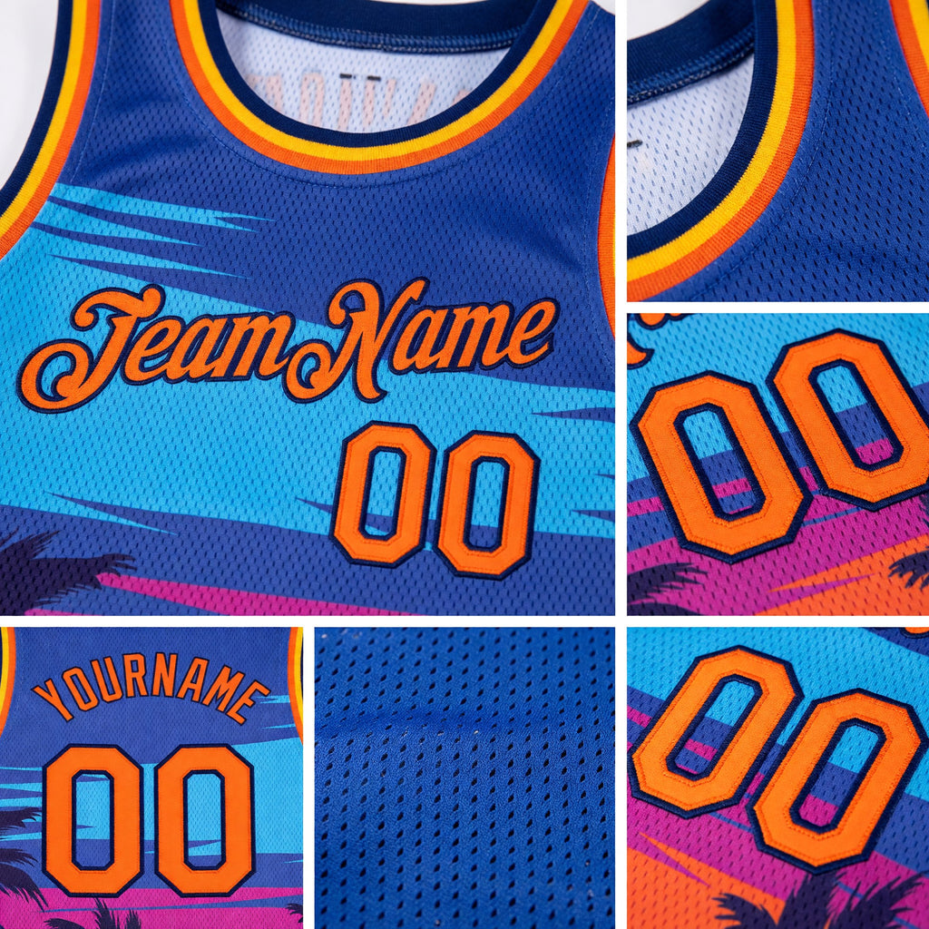 Custom Royal Orange-Navy 3D Pattern Tropical Hawaii Palm Trees Authentic Basketball Jersey detail