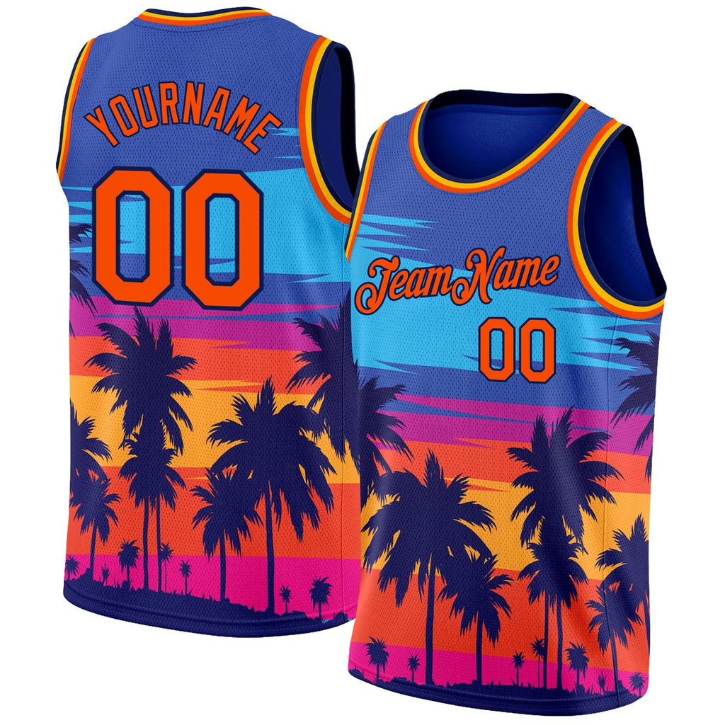 Custom Royal Orange-Navy 3D Pattern Tropical Hawaii Palm Trees Authentic Basketball Jersey photo 1