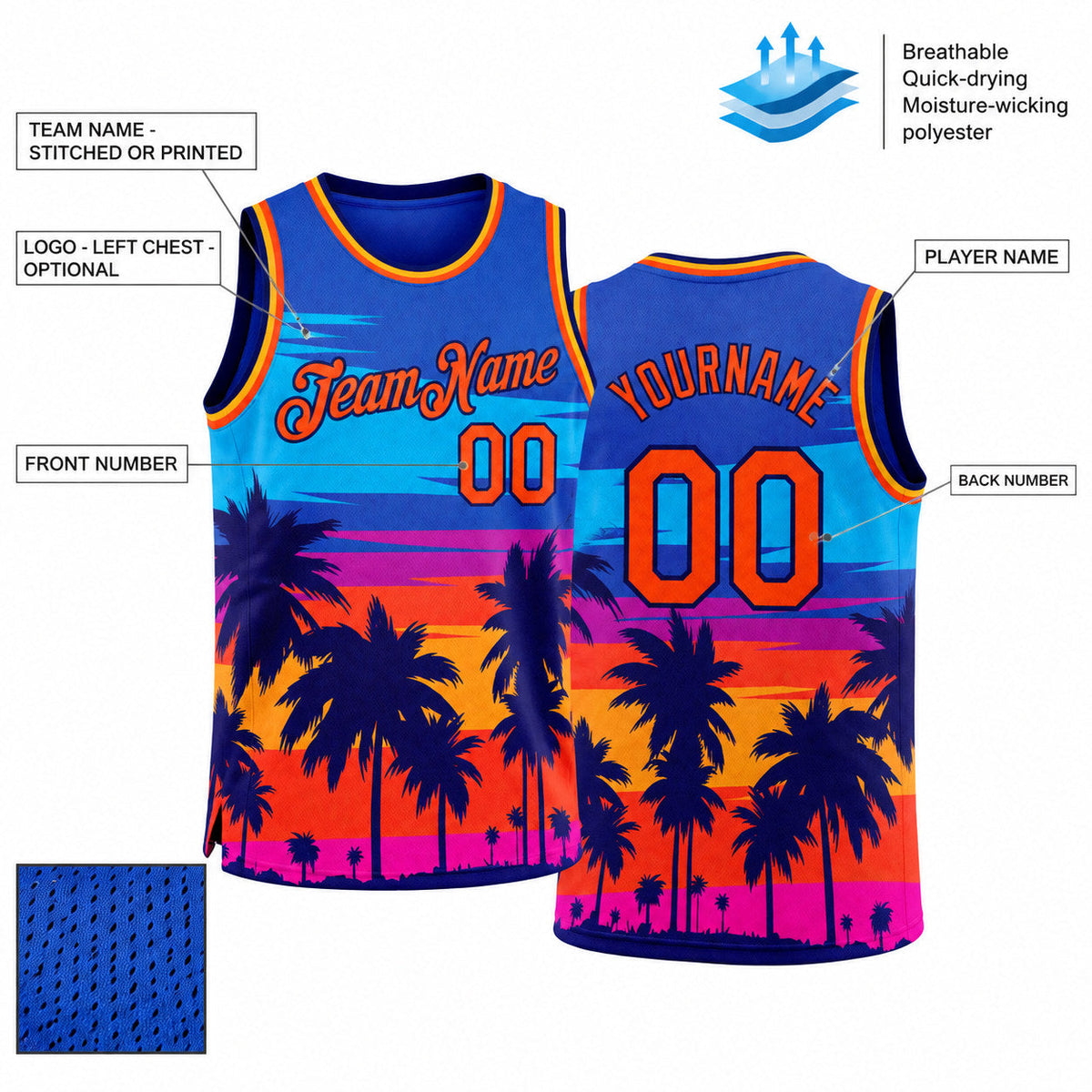 Custom Royal Tropical Hawaii Palm Trees Authentic Basketball Jersey with Orange and Navy Lettering customization guide