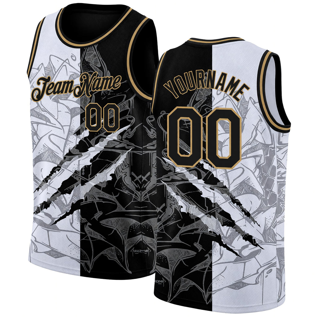 Custom Graffiti Pattern Black-Old Gold 3D Scratch Authentic Basketball Jersey