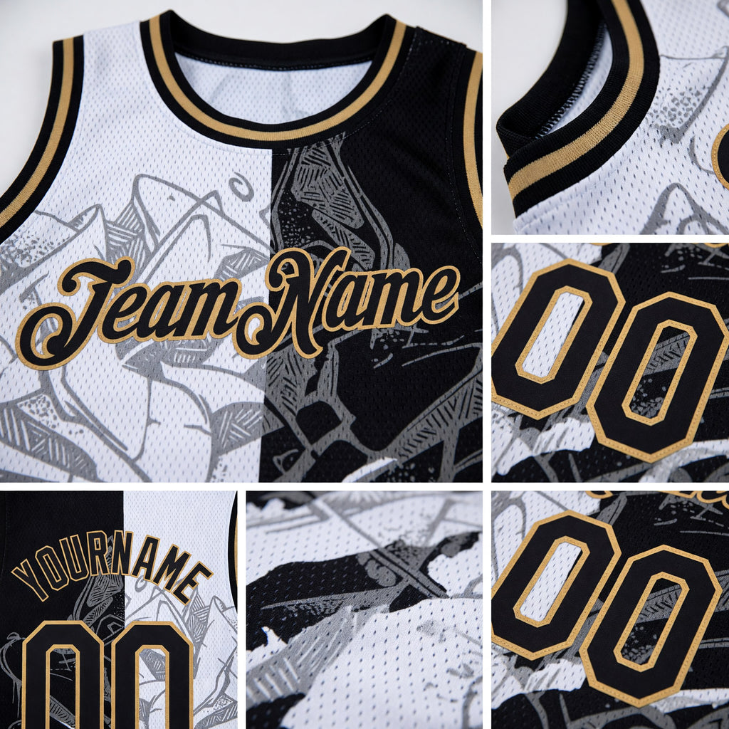Custom Graffiti Pattern Black-Old Gold 3D Scratch Authentic Basketball Jersey detail