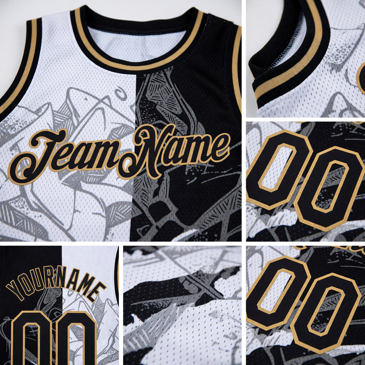 Custom Graffiti Pattern Black-Old Gold 3D Scratch Authentic Basketball Jersey detail