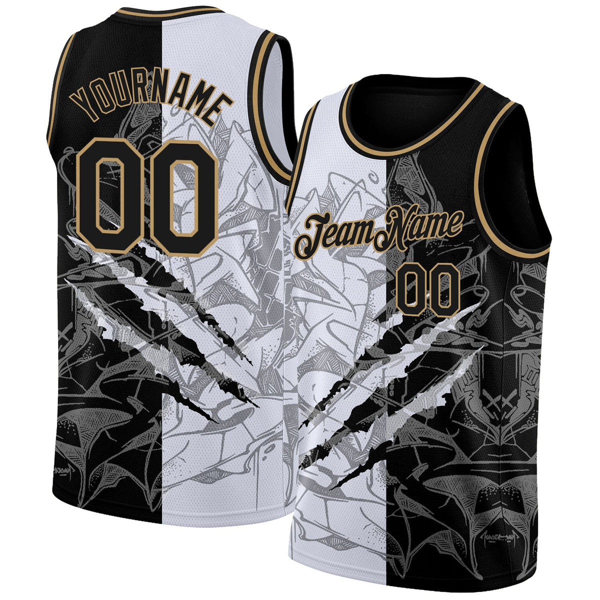 Custom Graffiti Pattern Black-Old Gold 3D Scratch Authentic Basketball Jersey photo 1