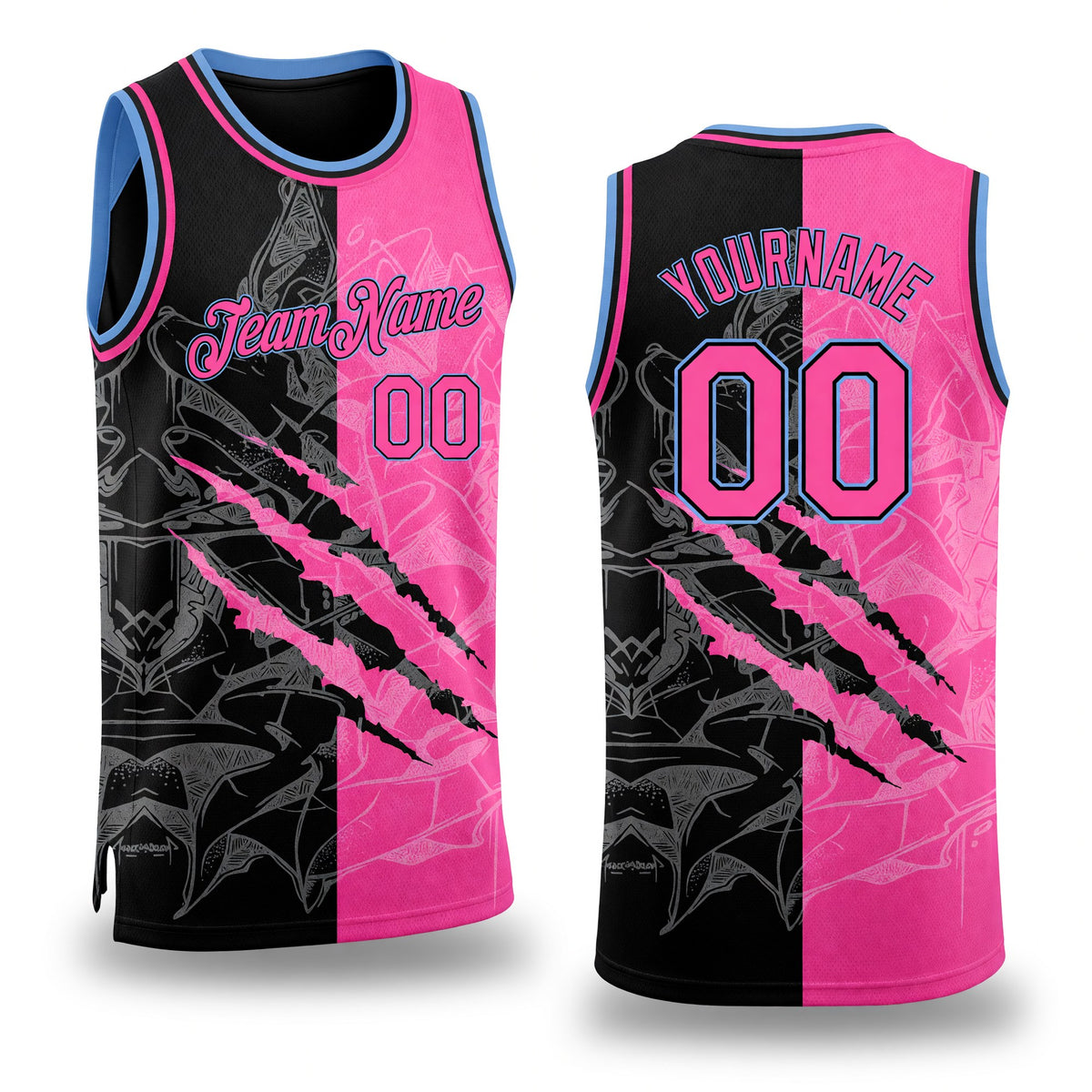 Custom Graffiti Pattern Pink Black-Light Blue 3D Scratch Authentic Basketball Jersey